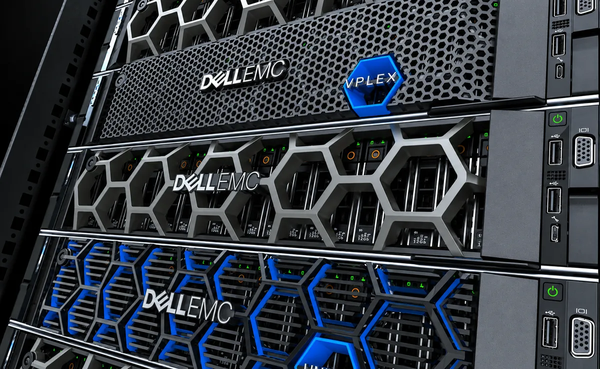 Dell EMC servers and a VPLEX storage system mounted in a rack